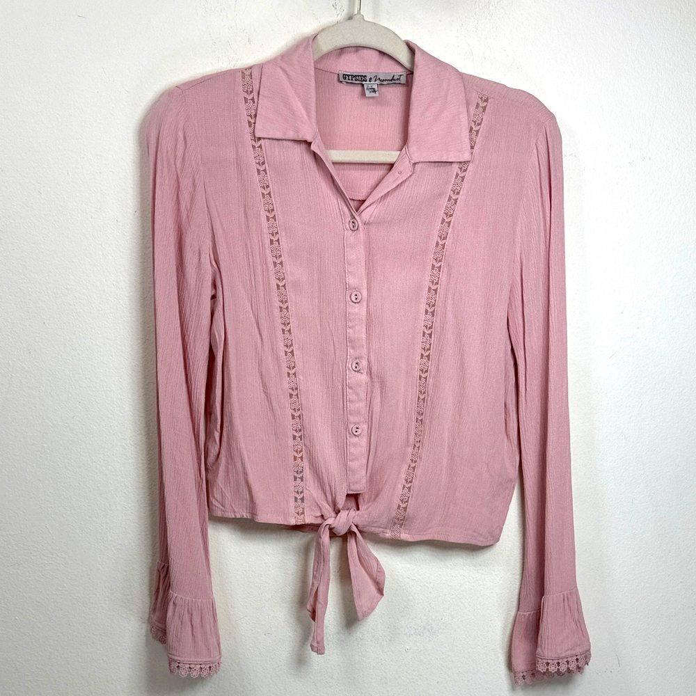 (H1) Gypsies & Moondust WomensButton Up Shirt Pink BellSleeves Tie Lace Trim, XS - Picture 2 of 11
